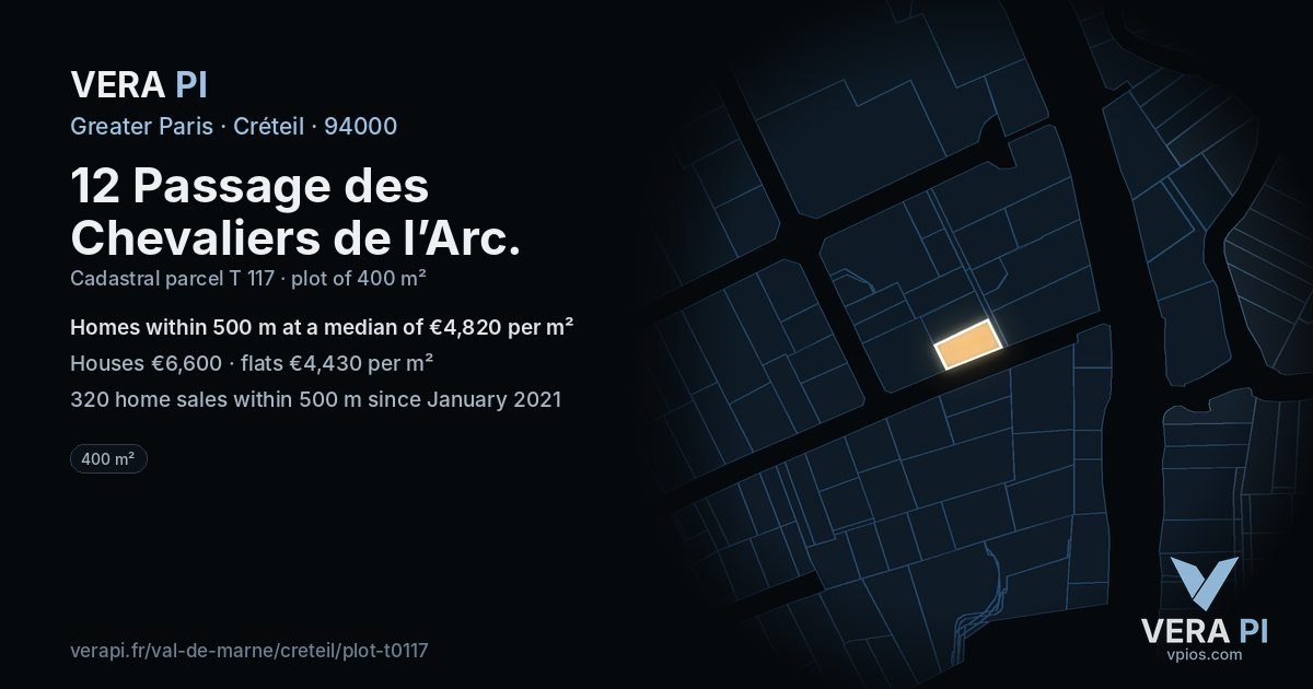 12 Passage des Chevaliers de l’Arc, Créteil at night – the plot lit, the parcels around coloured by the prices near them