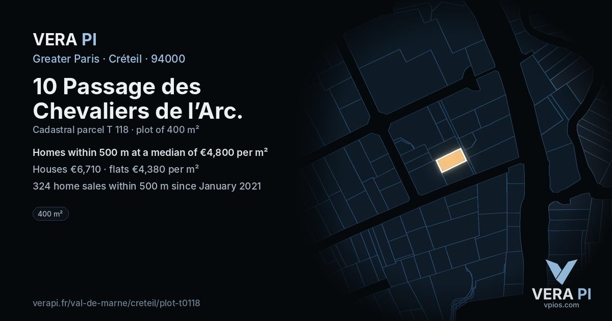 10 Passage des Chevaliers de l’Arc, Créteil at night – the plot lit, the parcels around coloured by the prices near them