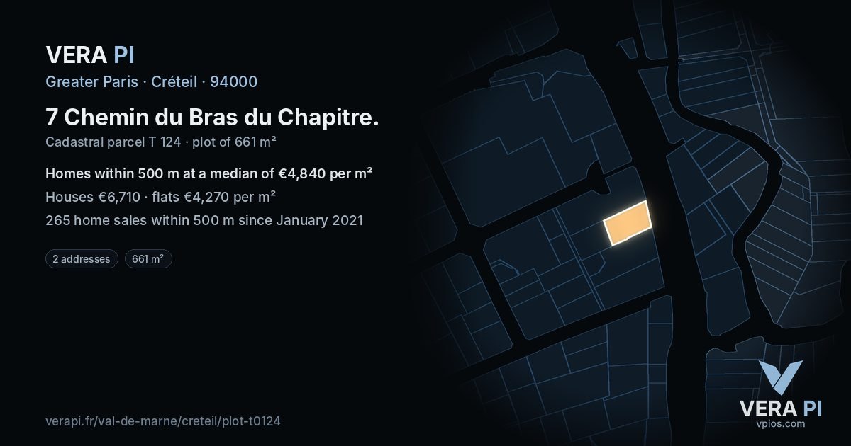 7 Chemin du Bras du Chapitre, Créteil at night – the plot lit, the parcels around coloured by the prices near them