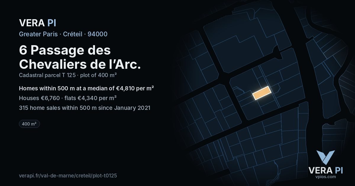 6 Passage des Chevaliers de l’Arc, Créteil at night – the plot lit, the parcels around coloured by the prices near them