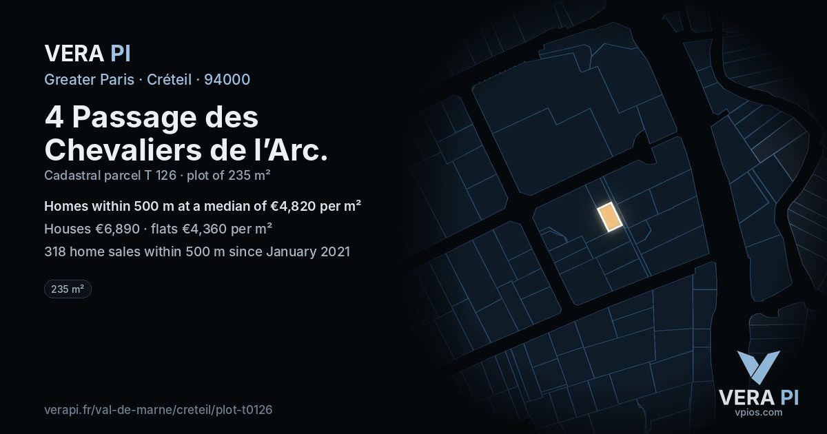 4 Passage des Chevaliers de l’Arc, Créteil at night – the plot lit, the parcels around coloured by the prices near them