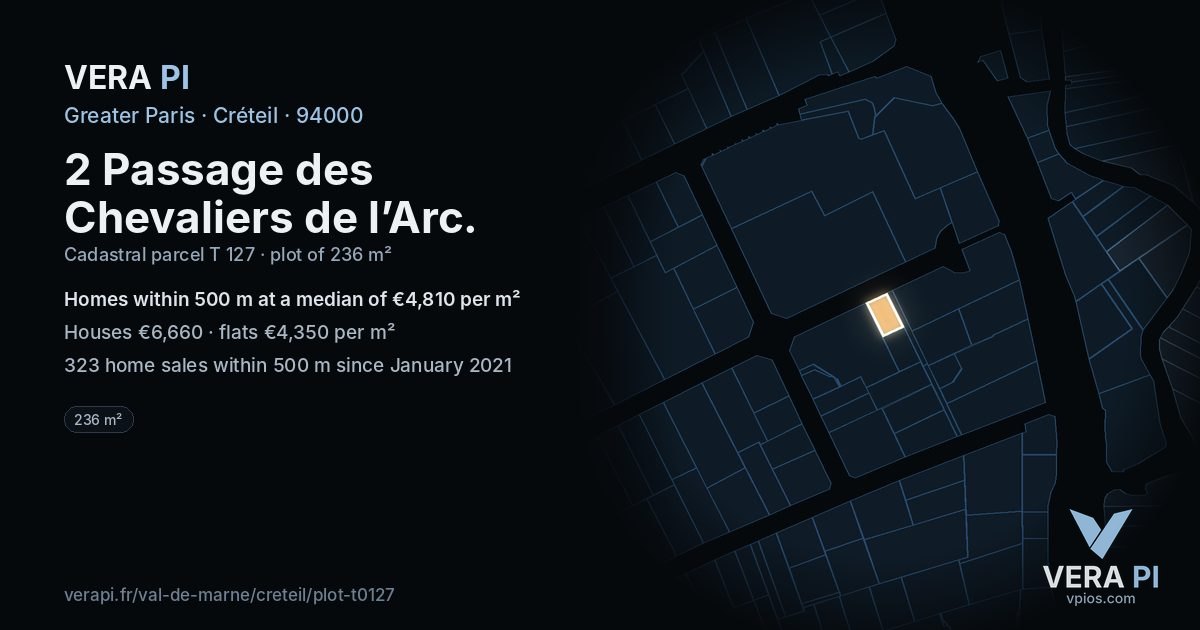 2 Passage des Chevaliers de l’Arc, Créteil at night – the plot lit, the parcels around coloured by the prices near them