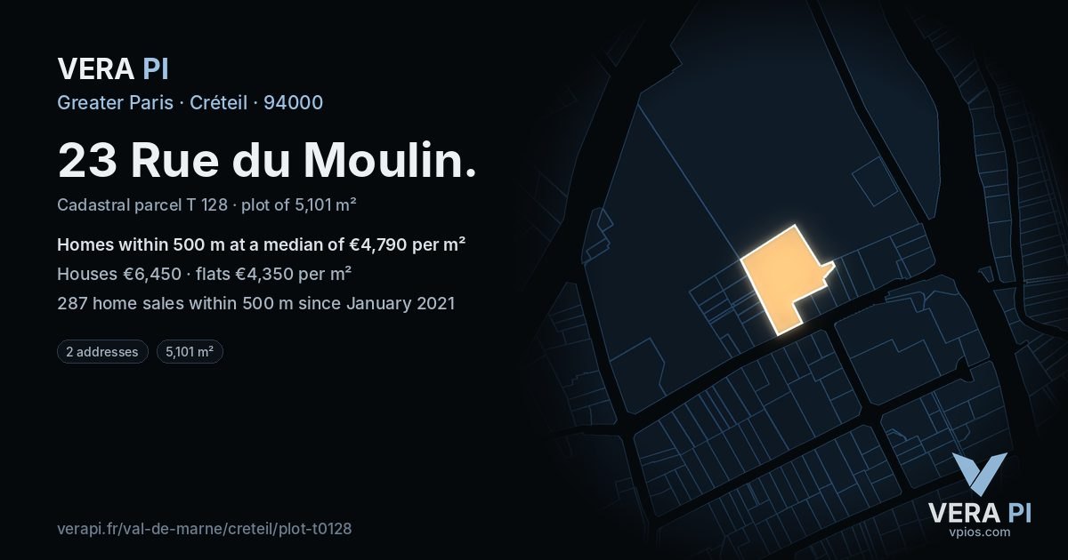 23 Rue du Moulin, Créteil at night – the plot lit, the parcels around coloured by the prices near them