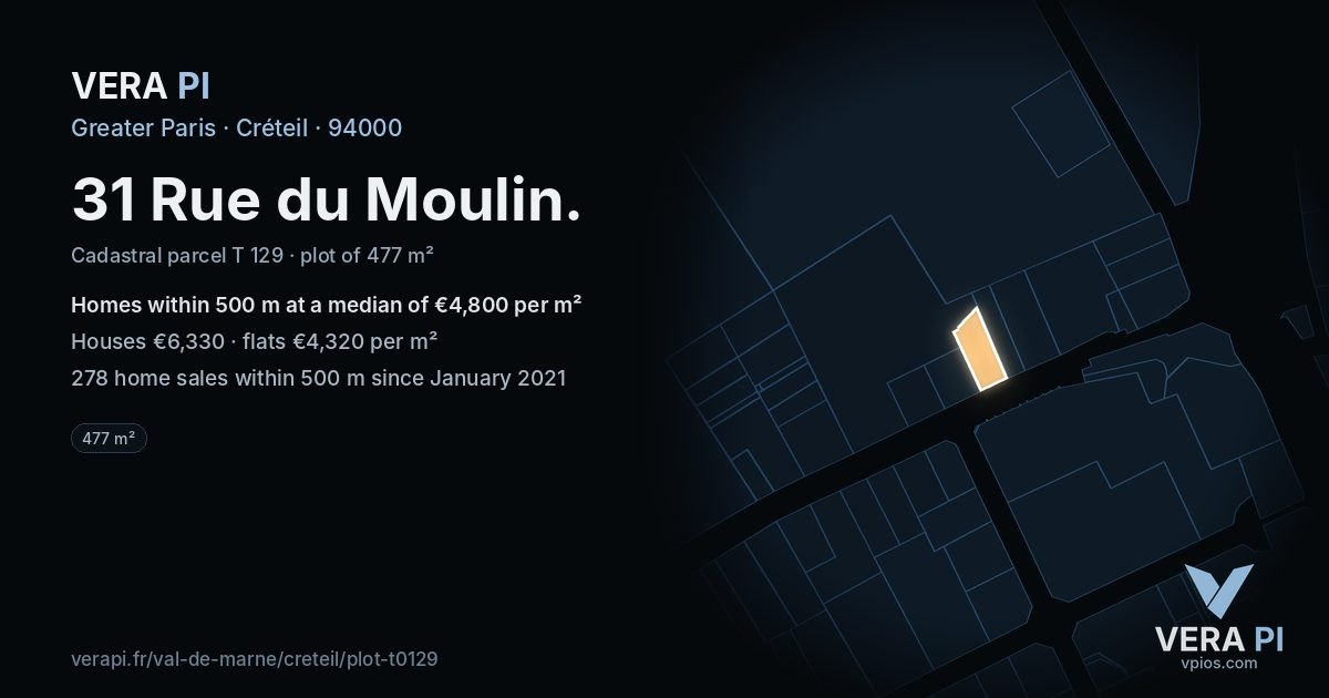 31 Rue du Moulin, Créteil at night – the plot lit, the parcels around coloured by the prices near them