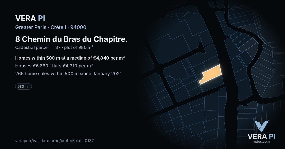 8 Chemin du Bras du Chapitre, Créteil at night – the plot lit, the parcels around coloured by the prices near them