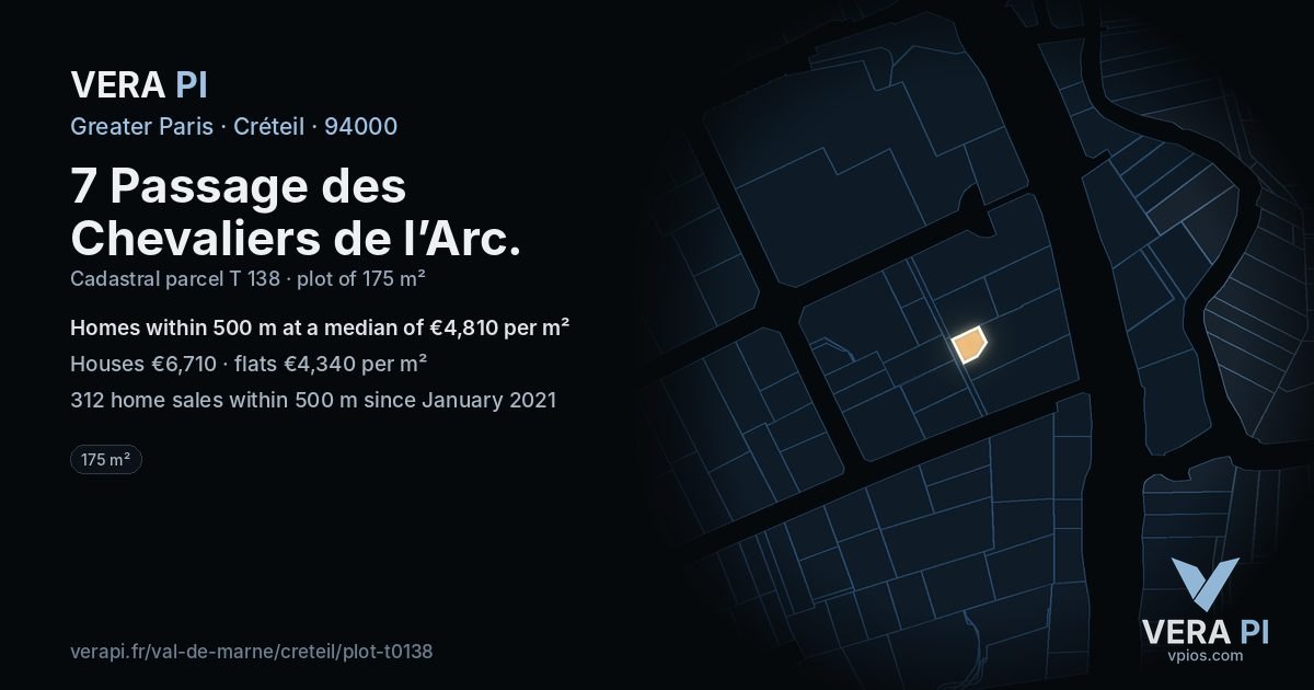 7 Passage des Chevaliers de l’Arc, Créteil at night – the plot lit, the parcels around coloured by the prices near them