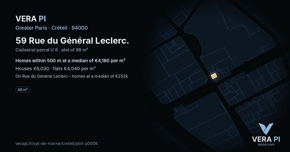 59 Rue du Général Leclerc, Créteil at night – the plot lit, the parcels around coloured by the prices near them