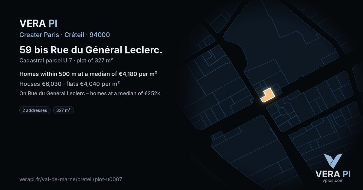 59 bis Rue du Général Leclerc, Créteil at night – the plot lit, the parcels around coloured by the prices near them