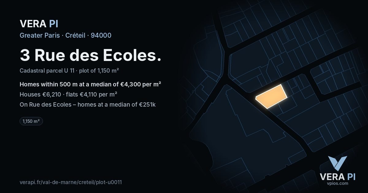 3 Rue des Ecoles, Créteil at night – the plot lit, the parcels around coloured by the prices near them
