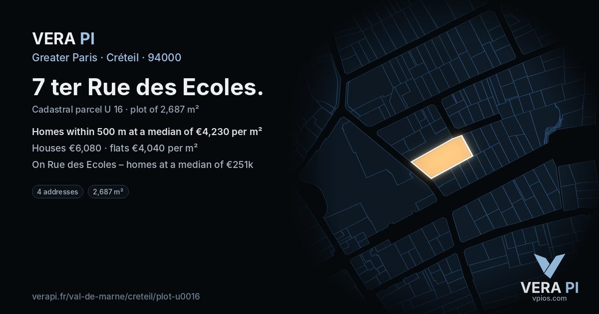 7 ter Rue des Ecoles, Créteil at night – the plot lit, the parcels around coloured by the prices near them