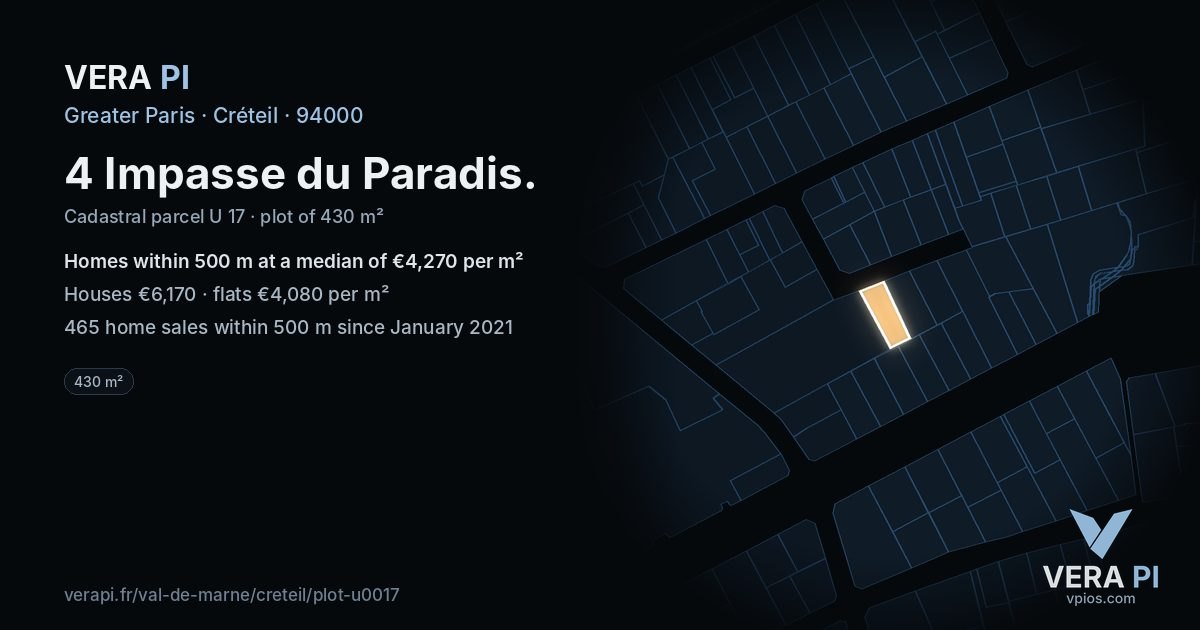4 Impasse du Paradis, Créteil at night – the plot lit, the parcels around coloured by the prices near them