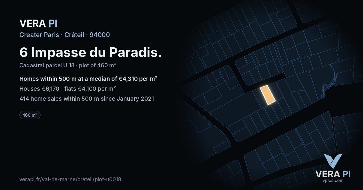 6 Impasse du Paradis, Créteil at night – the plot lit, the parcels around coloured by the prices near them