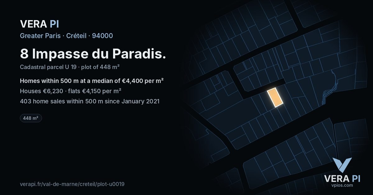 8 Impasse du Paradis, Créteil at night – the plot lit, the parcels around coloured by the prices near them