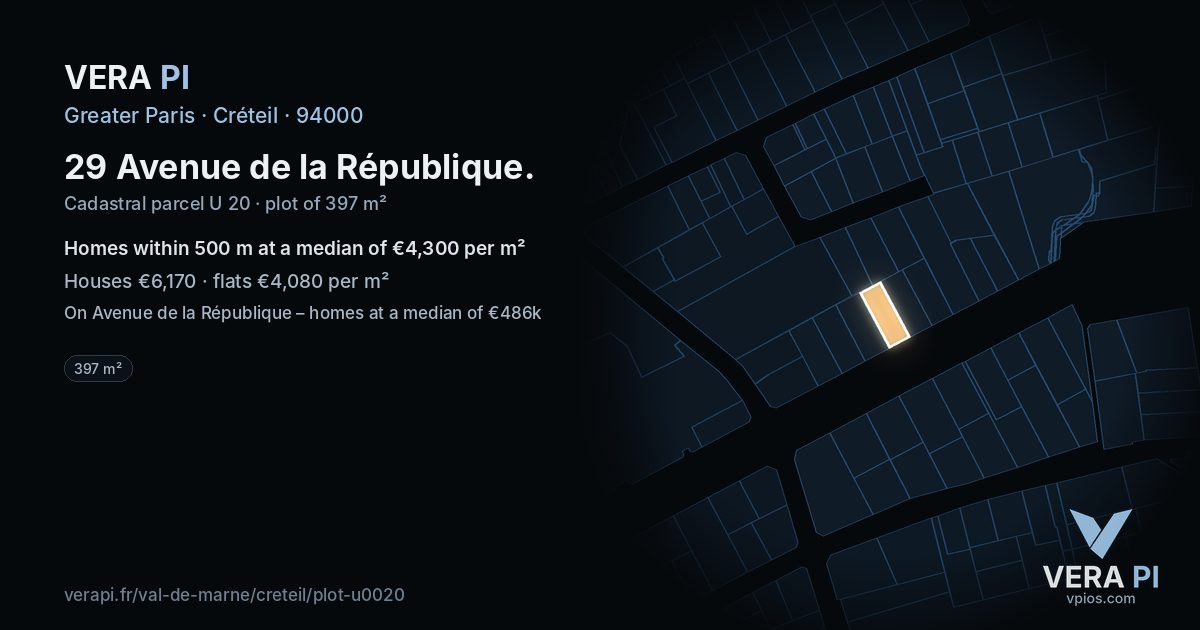 29 Avenue de la République, Créteil at night – the plot lit, the parcels around coloured by the prices near them