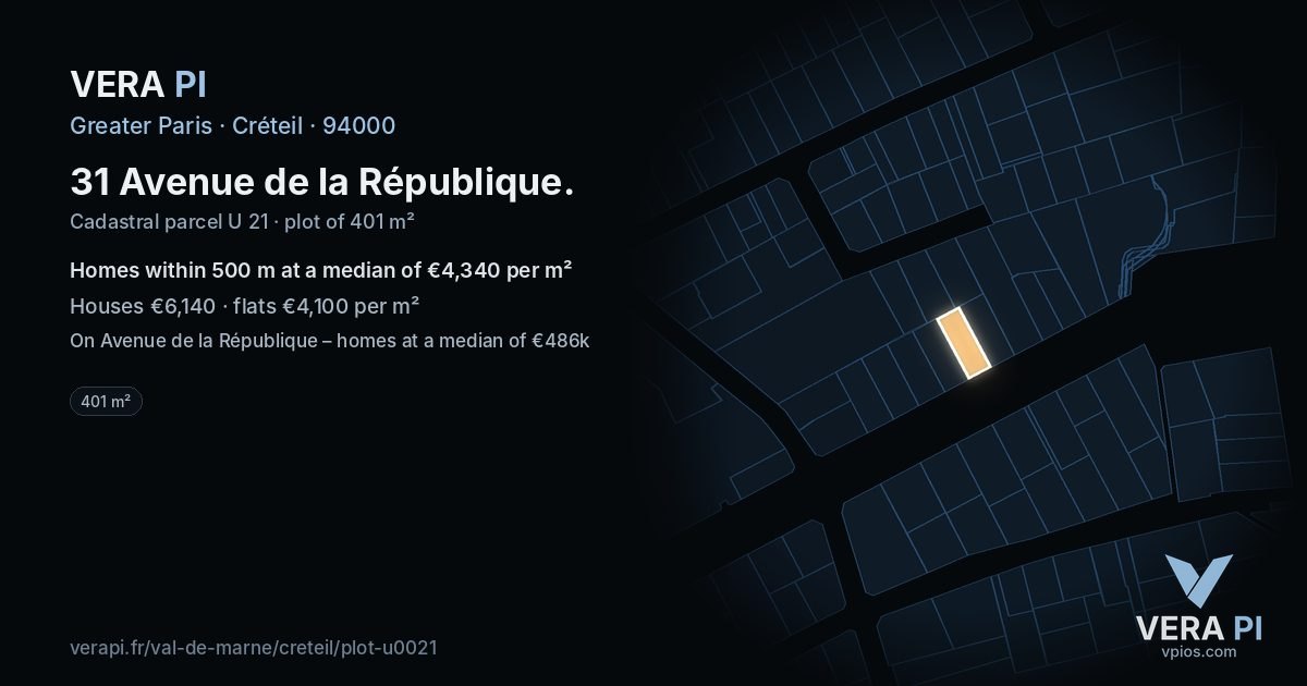 31 Avenue de la République, Créteil at night – the plot lit, the parcels around coloured by the prices near them