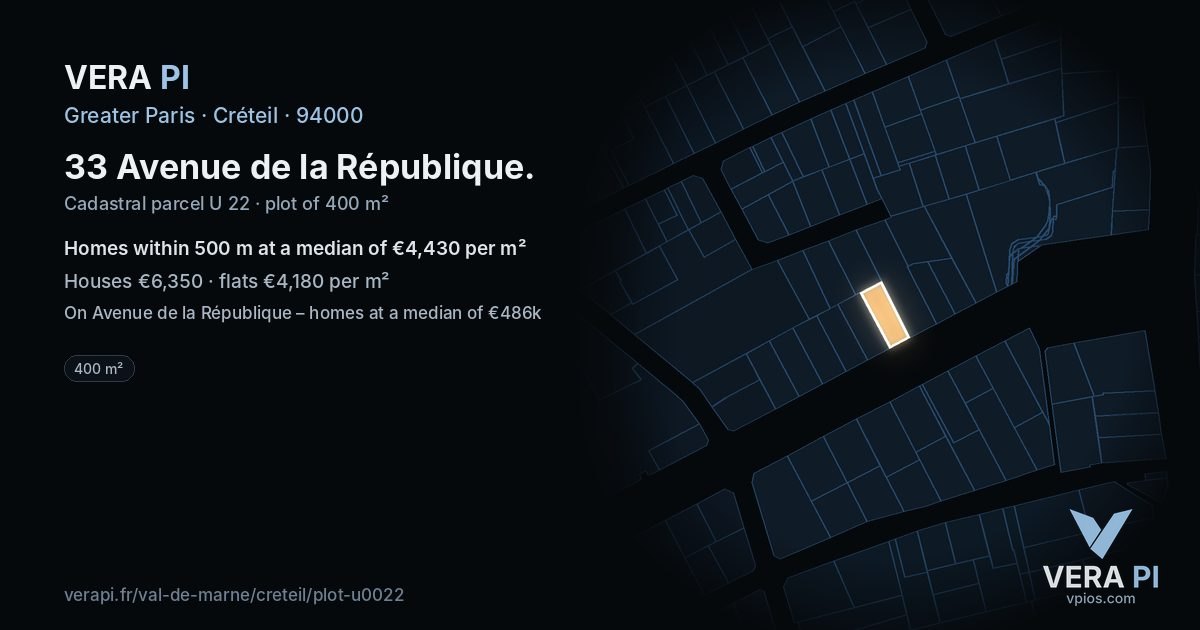 33 Avenue de la République, Créteil at night – the plot lit, the parcels around coloured by the prices near them