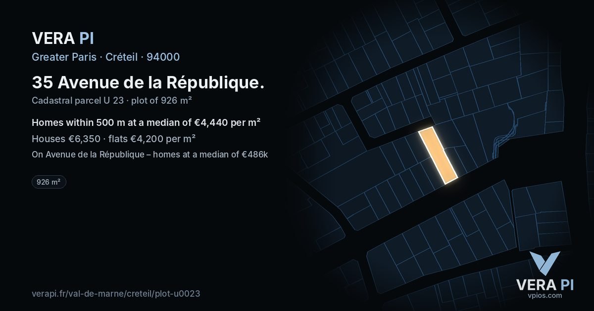 35 Avenue de la République, Créteil at night – the plot lit, the parcels around coloured by the prices near them