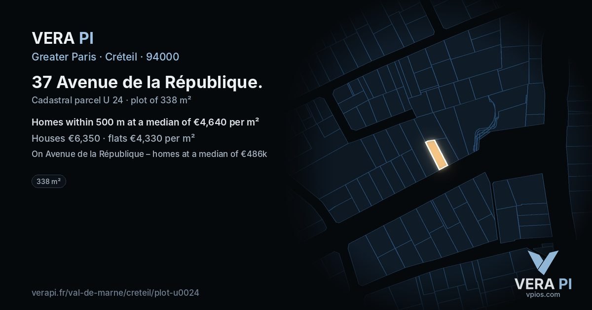 37 Avenue de la République, Créteil at night – the plot lit, the parcels around coloured by the prices near them