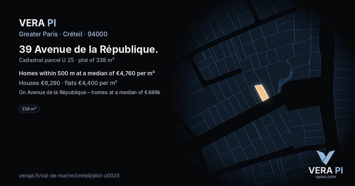 39 Avenue de la République, Créteil at night – the plot lit, the parcels around coloured by the prices near them