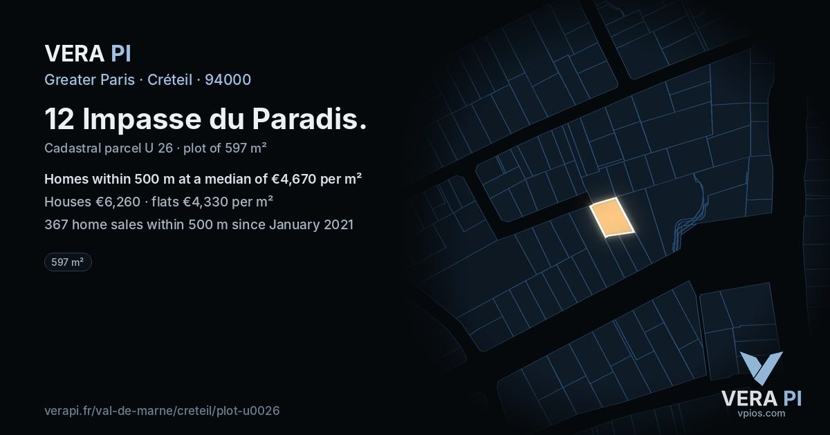 12 Impasse du Paradis, Créteil at night – the plot lit, the parcels around coloured by the prices near them