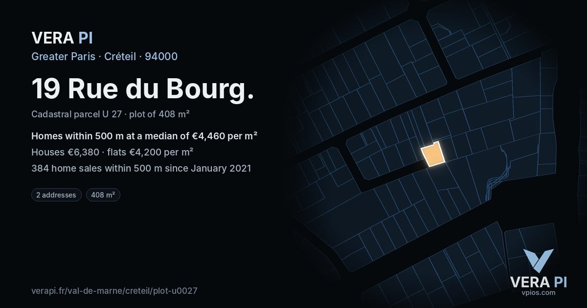 19 Rue du Bourg, Créteil at night – the plot lit, the parcels around coloured by the prices near them