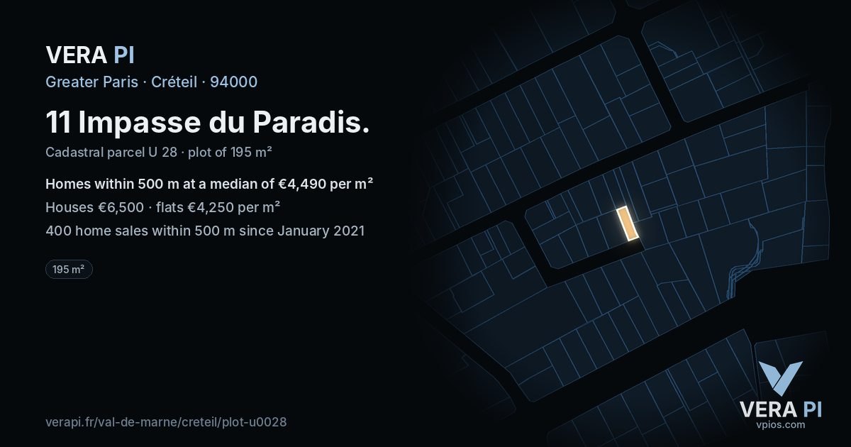11 Impasse du Paradis, Créteil at night – the plot lit, the parcels around coloured by the prices near them
