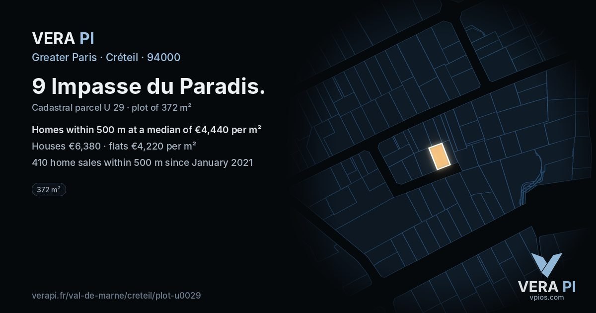 9 Impasse du Paradis, Créteil at night – the plot lit, the parcels around coloured by the prices near them