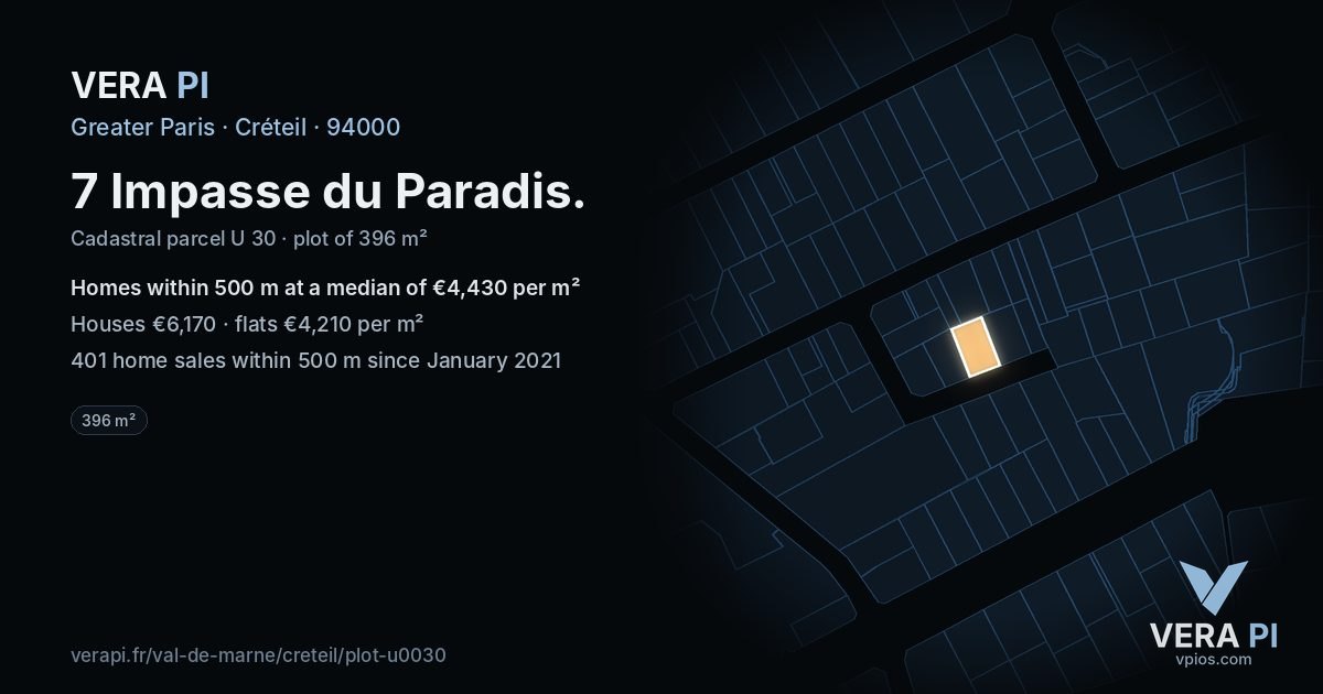 7 Impasse du Paradis, Créteil at night – the plot lit, the parcels around coloured by the prices near them