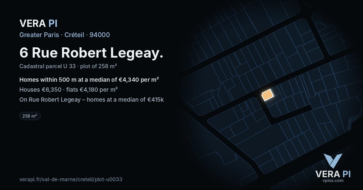6 Rue Robert Legeay, Créteil at night – the plot lit, the parcels around coloured by the prices near them