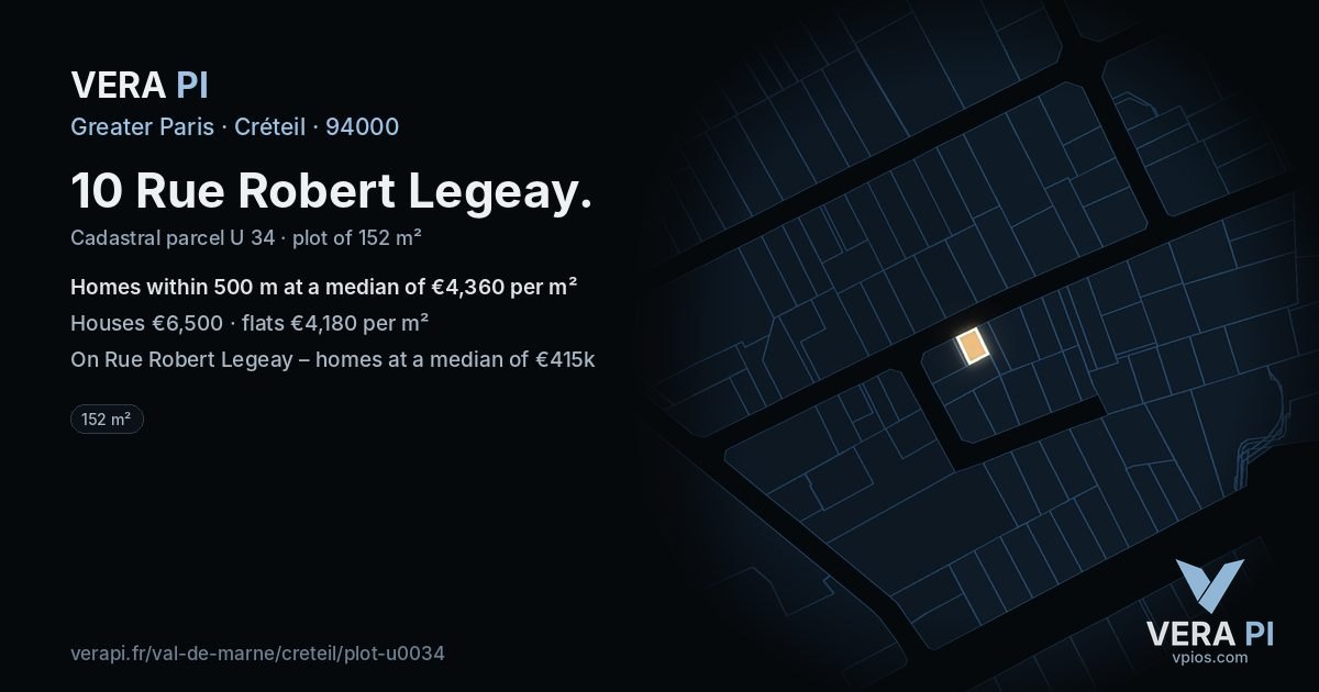 10 Rue Robert Legeay, Créteil at night – the plot lit, the parcels around coloured by the prices near them