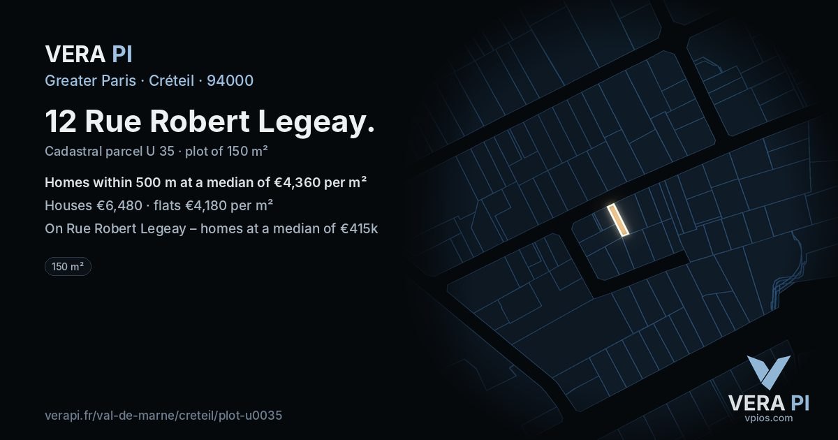 12 Rue Robert Legeay, Créteil at night – the plot lit, the parcels around coloured by the prices near them