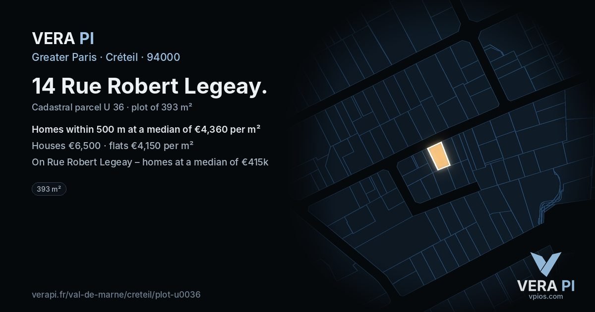 14 Rue Robert Legeay, Créteil at night – the plot lit, the parcels around coloured by the prices near them