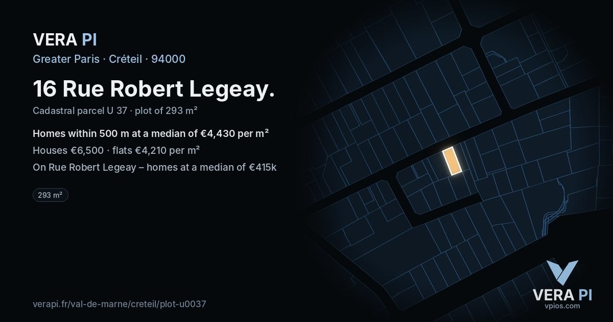 16 Rue Robert Legeay, Créteil at night – the plot lit, the parcels around coloured by the prices near them