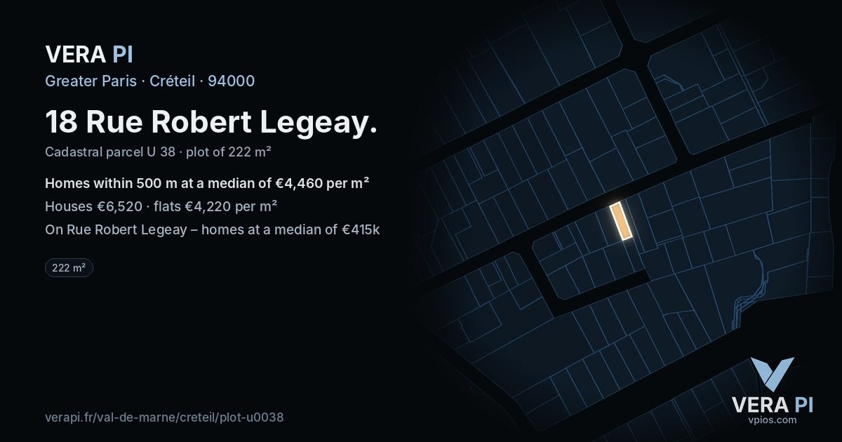 18 Rue Robert Legeay, Créteil at night – the plot lit, the parcels around coloured by the prices near them