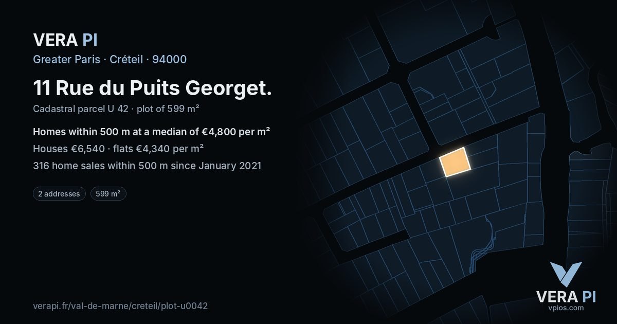 11 Rue du Puits Georget, Créteil at night – the plot lit, the parcels around coloured by the prices near them