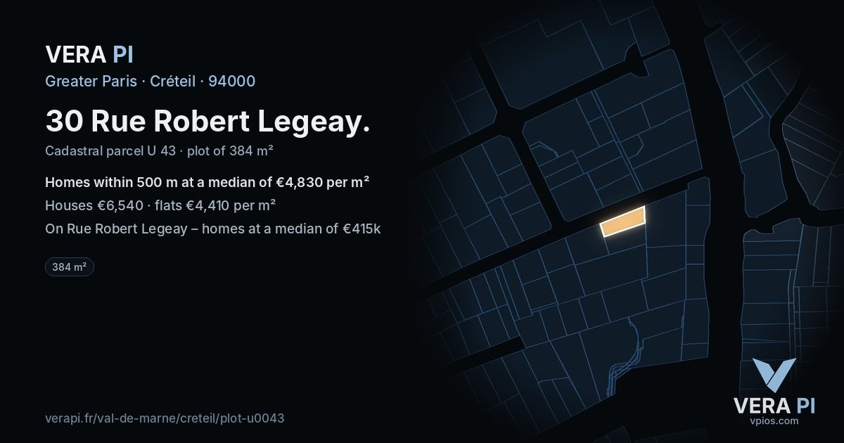 30 Rue Robert Legeay, Créteil at night – the plot lit, the parcels around coloured by the prices near them