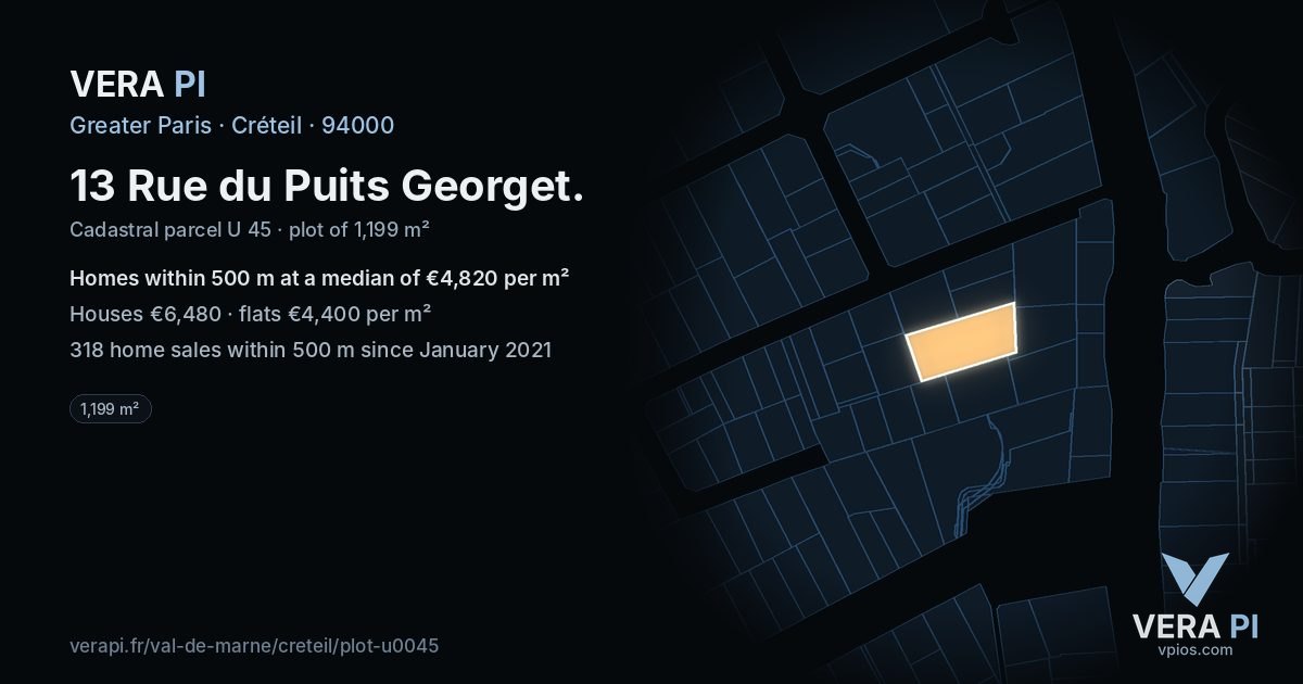 13 Rue du Puits Georget, Créteil at night – the plot lit, the parcels around coloured by the prices near them