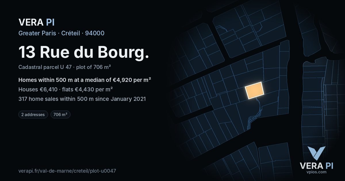 13 Rue du Bourg, Créteil at night – the plot lit, the parcels around coloured by the prices near them