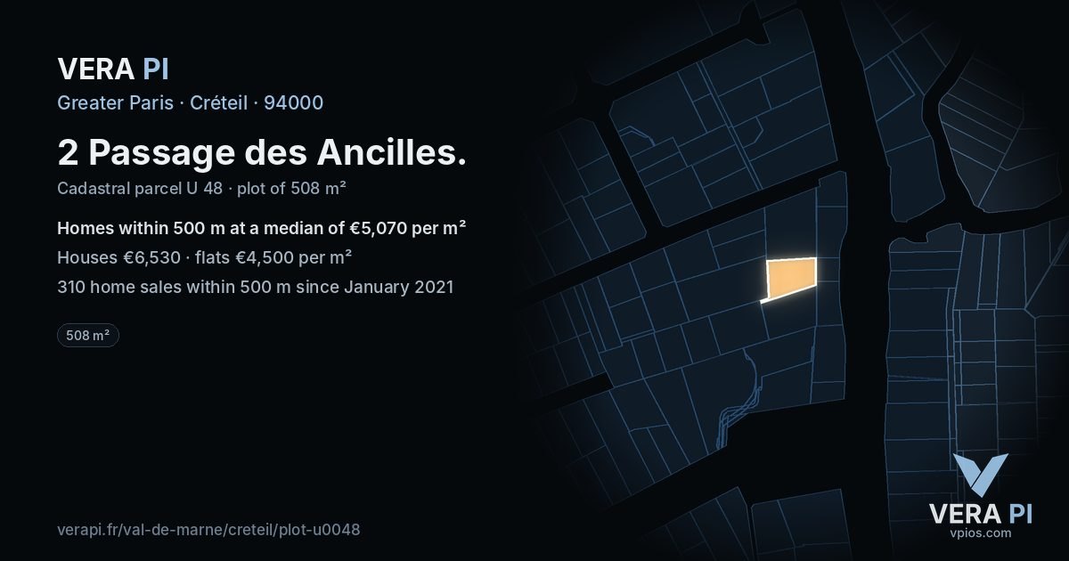 2 Passage des Ancilles, Créteil at night – the plot lit, the parcels around coloured by the prices near them