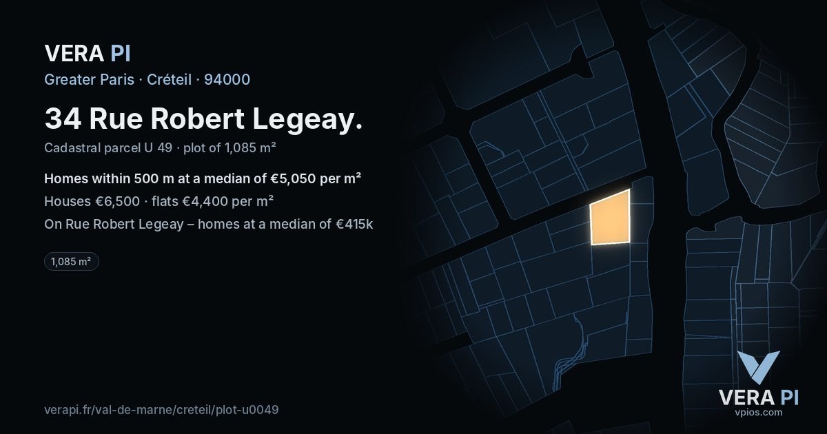 34 Rue Robert Legeay, Créteil at night – the plot lit, the parcels around coloured by the prices near them