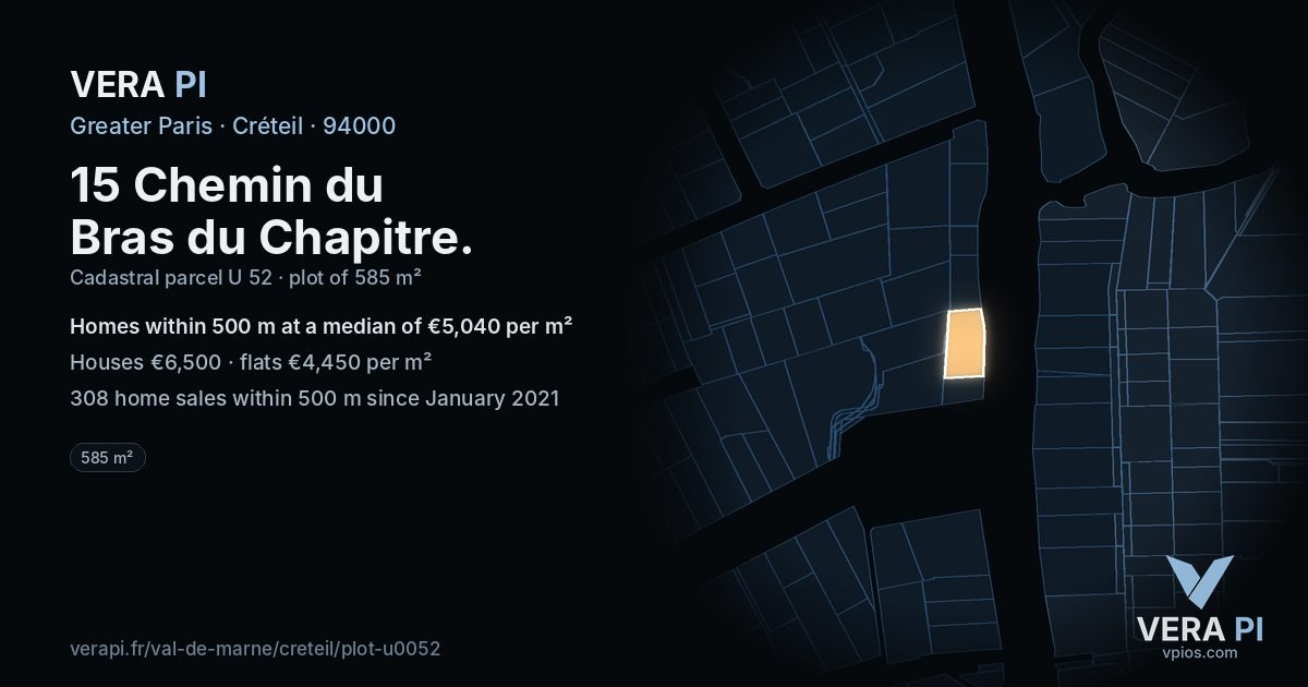 15 Chemin du Bras du Chapitre, Créteil at night – the plot lit, the parcels around coloured by the prices near them