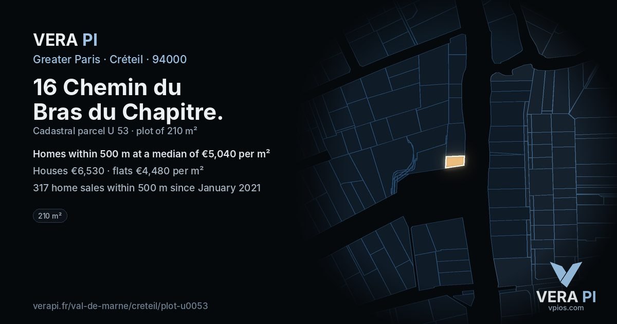 16 Chemin du Bras du Chapitre, Créteil at night – the plot lit, the parcels around coloured by the prices near them