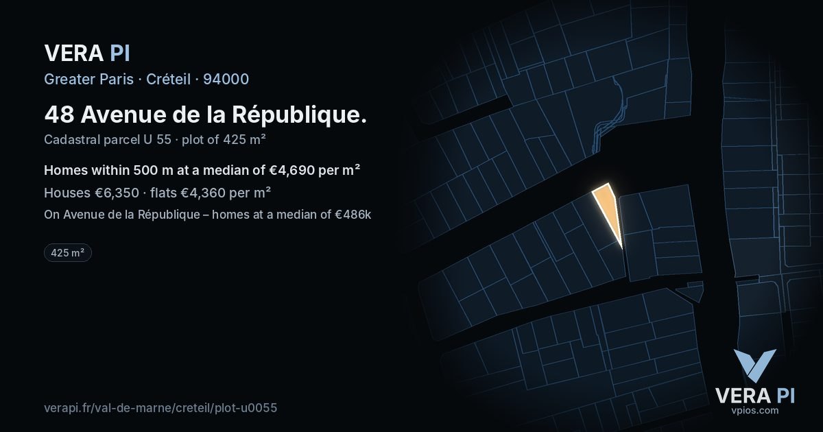 48 Avenue de la République, Créteil at night – the plot lit, the parcels around coloured by the prices near them
