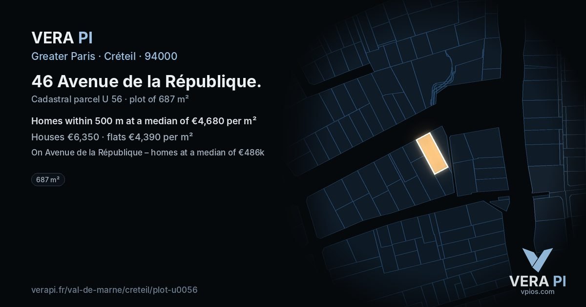 46 Avenue de la République, Créteil at night – the plot lit, the parcels around coloured by the prices near them