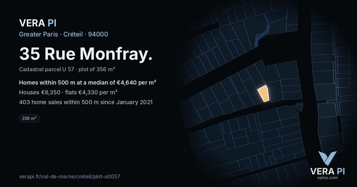 35 Rue Monfray, Créteil at night – the plot lit, the parcels around coloured by the prices near them