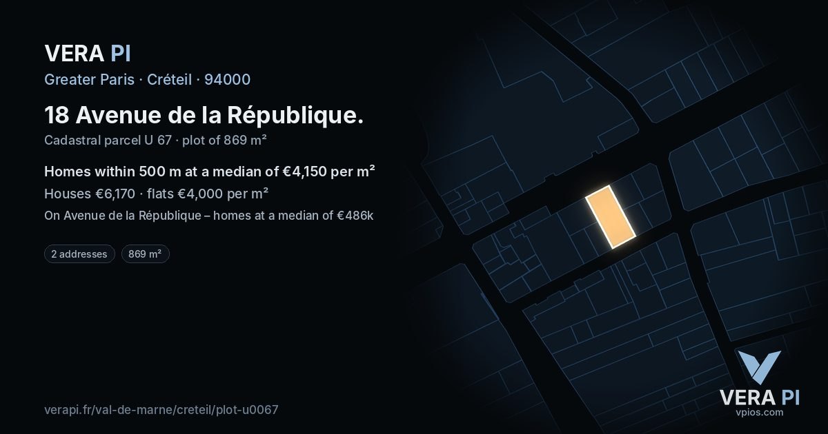18 Avenue de la République, Créteil at night – the plot lit, the parcels around coloured by the prices near them