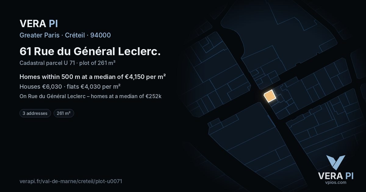 61 Rue du Général Leclerc, Créteil at night – the plot lit, the parcels around coloured by the prices near them