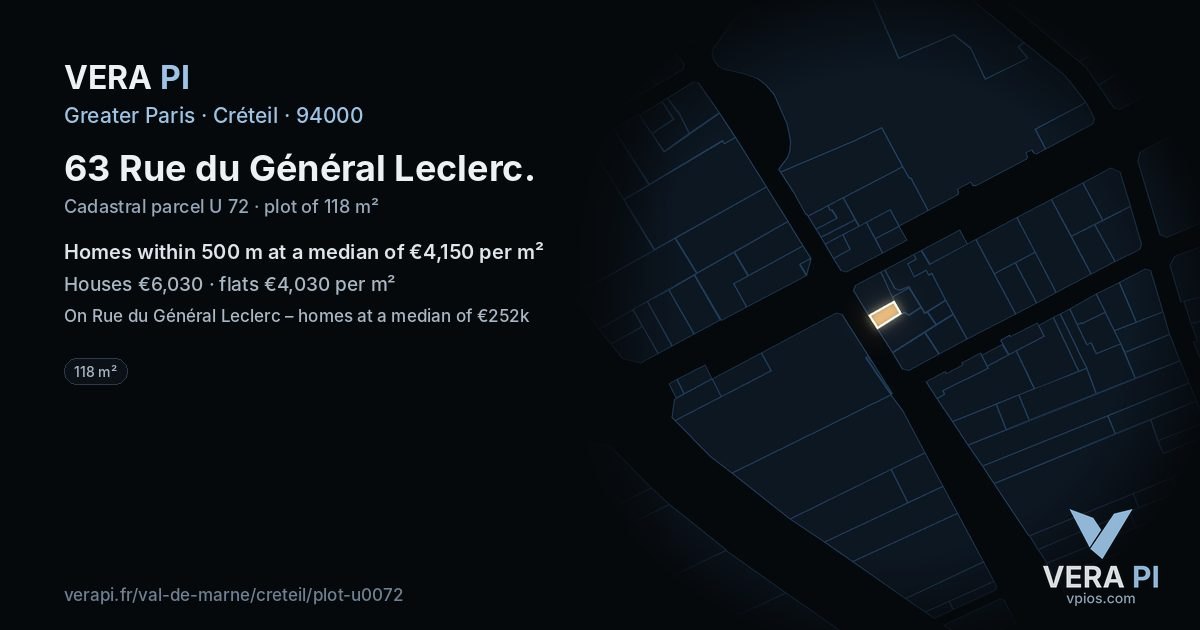 63 Rue du Général Leclerc, Créteil at night – the plot lit, the parcels around coloured by the prices near them
