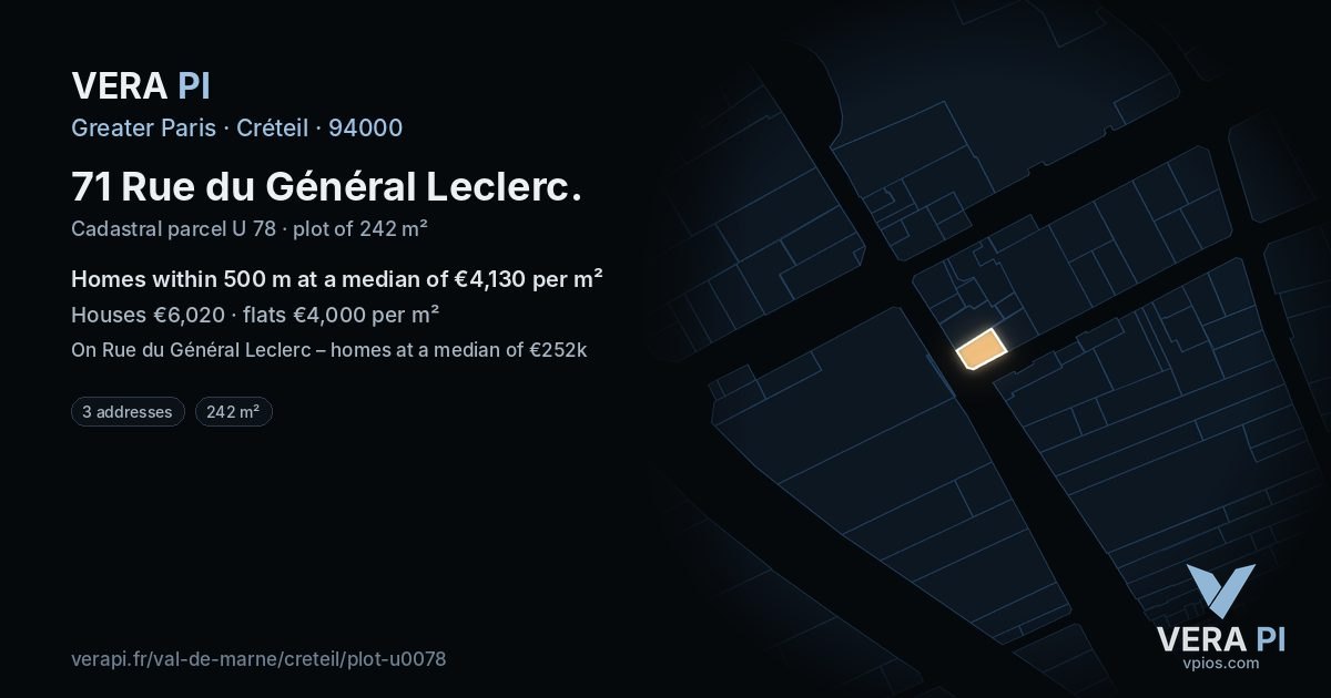 71 Rue du Général Leclerc, Créteil at night – the plot lit, the parcels around coloured by the prices near them