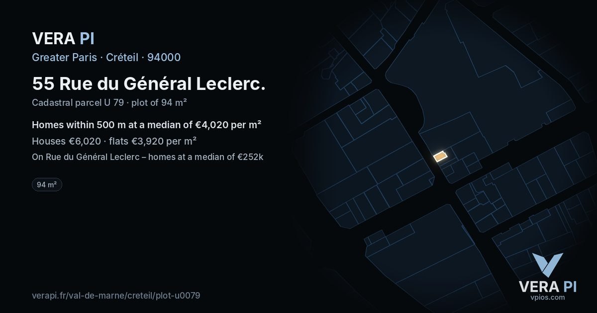 55 Rue du Général Leclerc, Créteil at night – the plot lit, the parcels around coloured by the prices near them